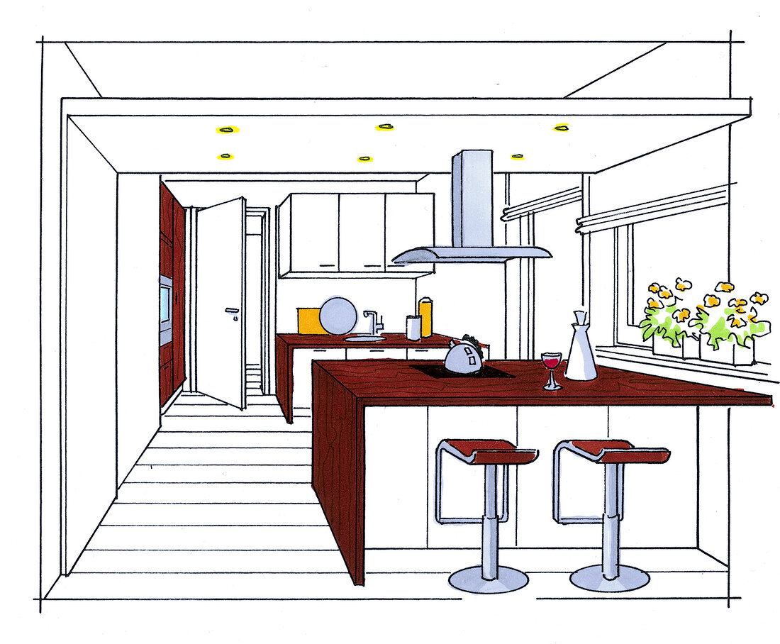 Zeichnung: Entwurf für eine Küche mit Kochinsel, Tresen
