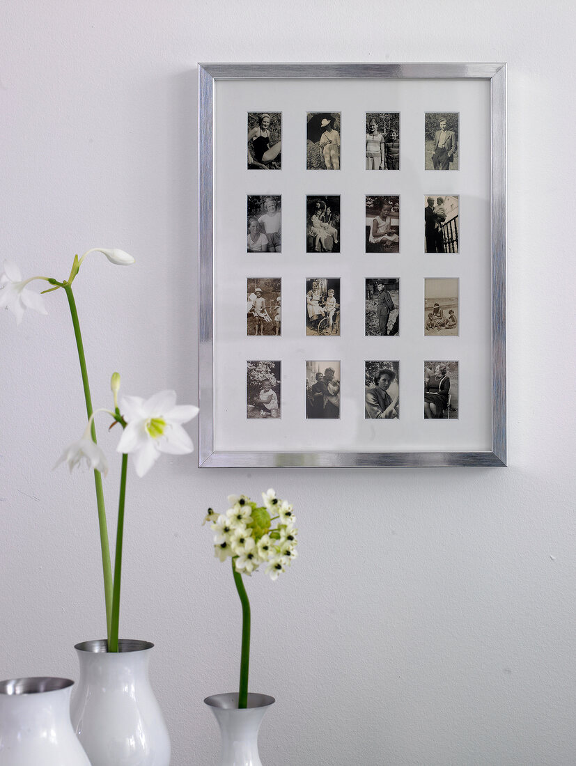 Small photos in large aluminium frame on white wall