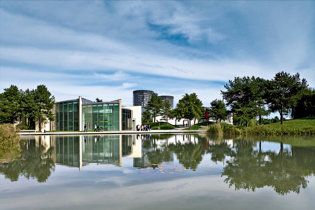 Water with reflection of Skoda pavilion in Autostadt, Wolfsburg , Germany
