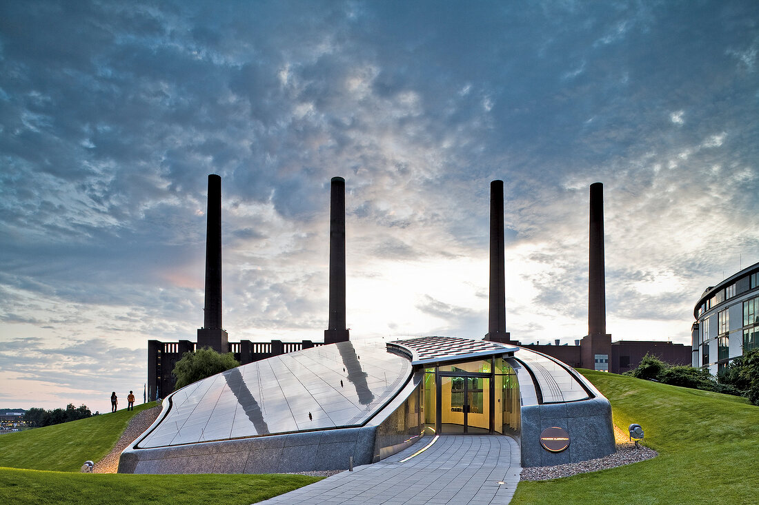 The Premium Club House at dusk in Autostadt, Wolfsburg , Germany