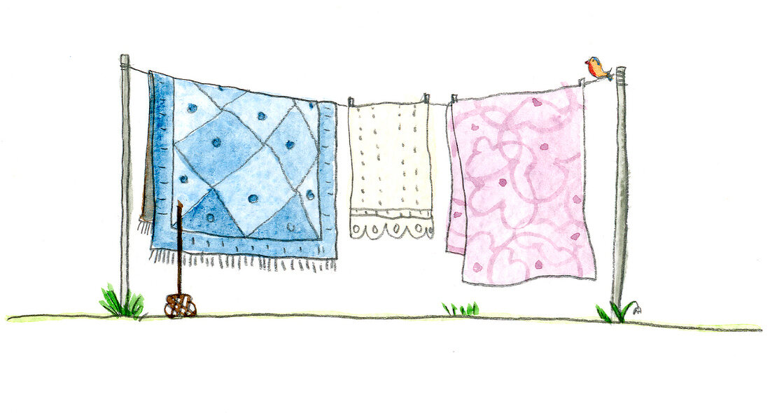 Illustration, Wäscheleine mit Wäsche im Garten