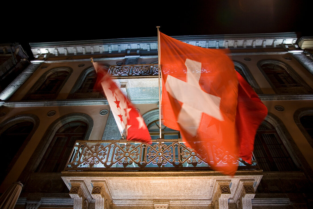 Swiss flag at the town hall of Sion, Switzerland