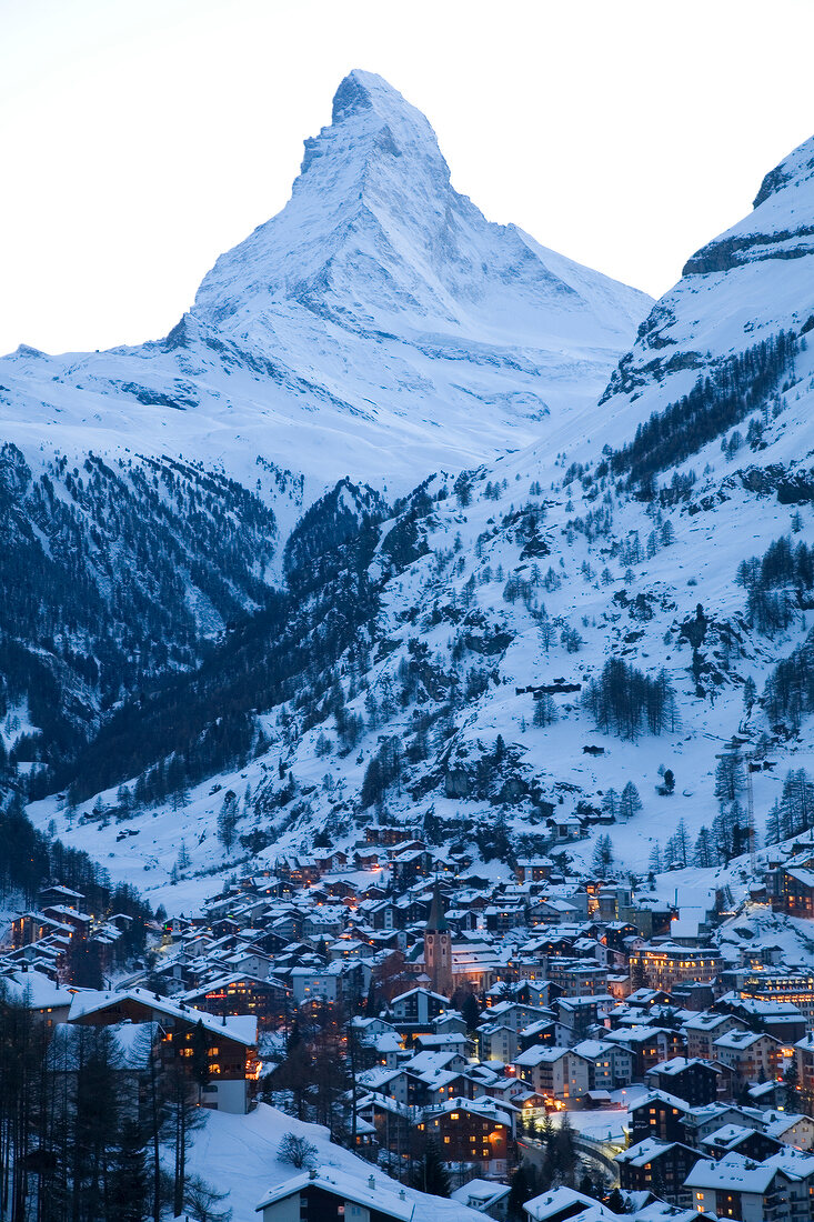 View of Zermatt town at dusk in Valais, Switzerland