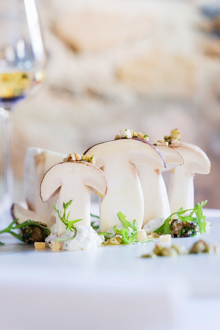 Sliced porcini mushrooms standing up