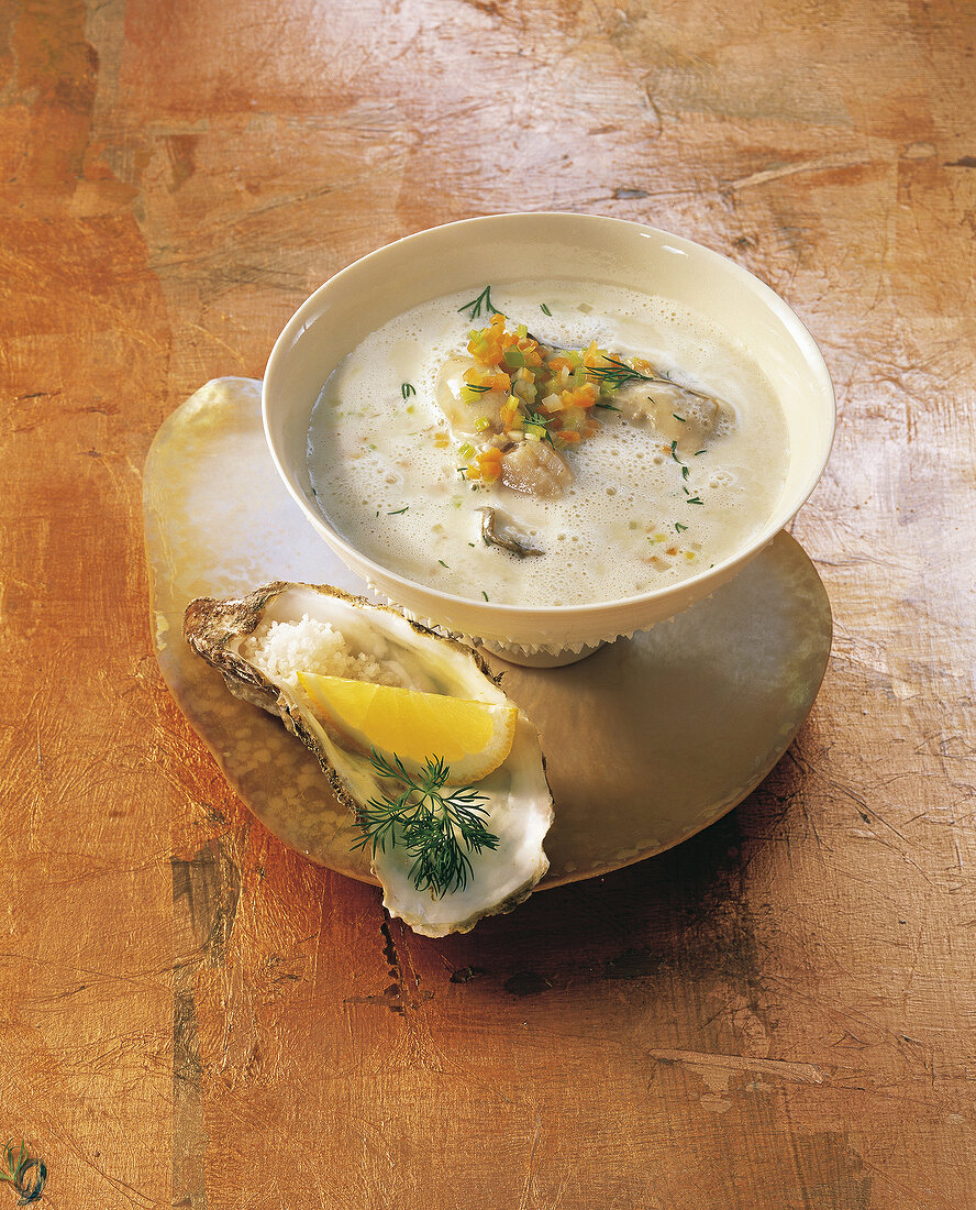 Soup of sylt oysters in bowl