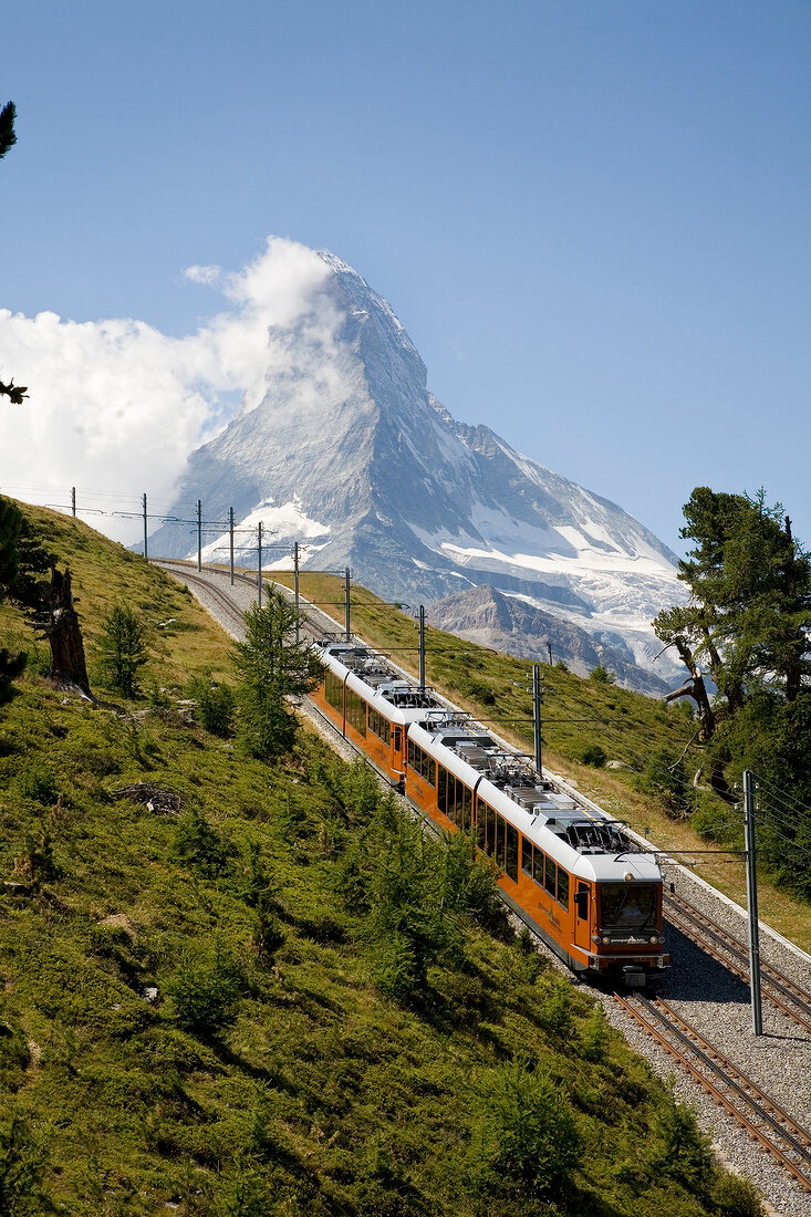 Gornergrat train in front of Matterhorn mountain in Zermatt, Valais, Switzerland