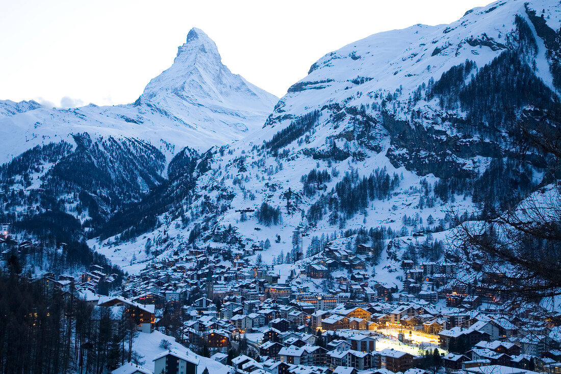 View of Zermatt town at dusk in Valais, Switzerland