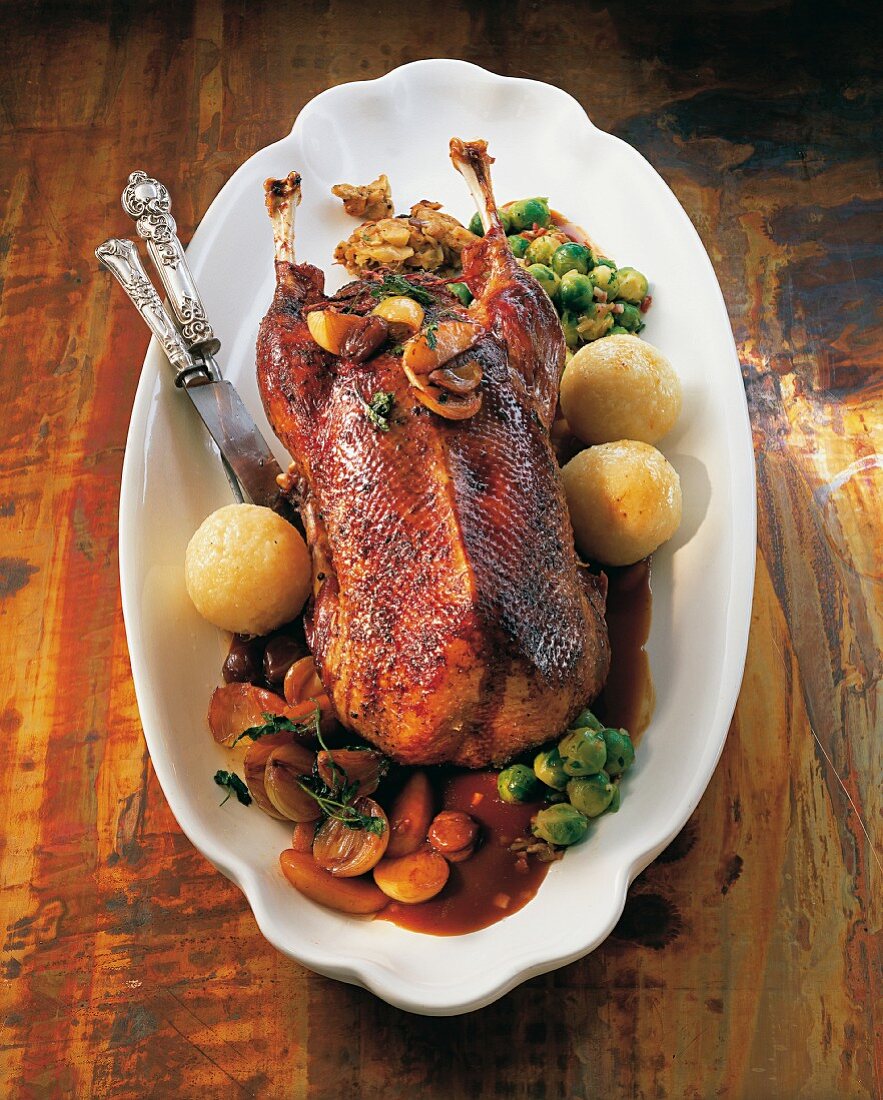 Stuffed goose with chestnuts and accompaniments