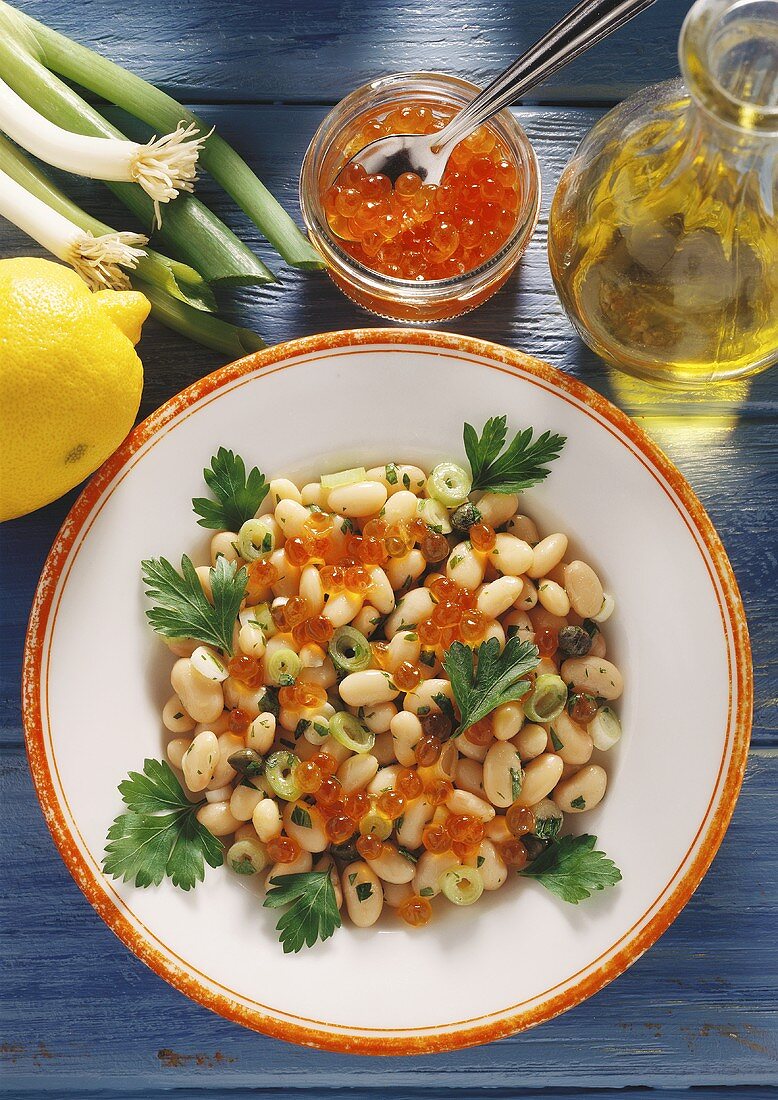 White bean salad with trout caviare