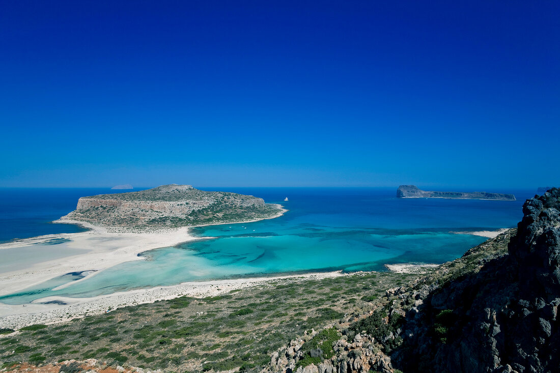 View of sea and beach from castle in Island Gramvoussa, Greece