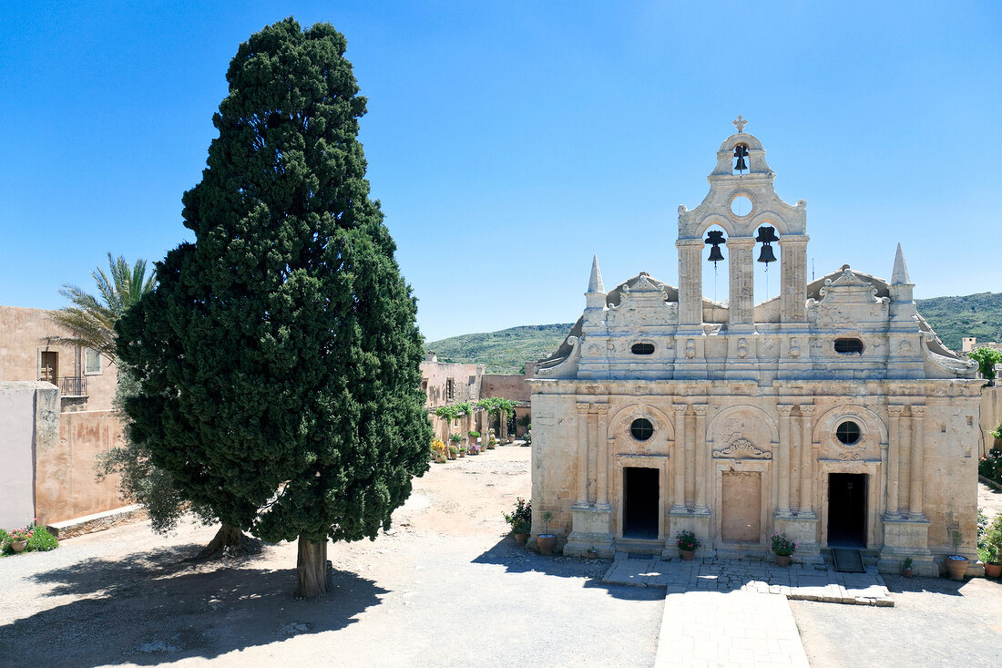 View of Arkadi Monastery and tree in Crete, Greece