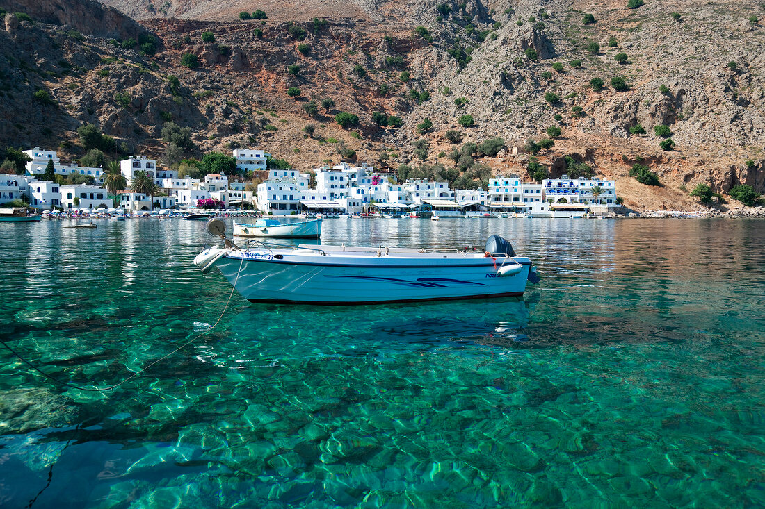 View of Loutro with bay boats, Crete, Greek