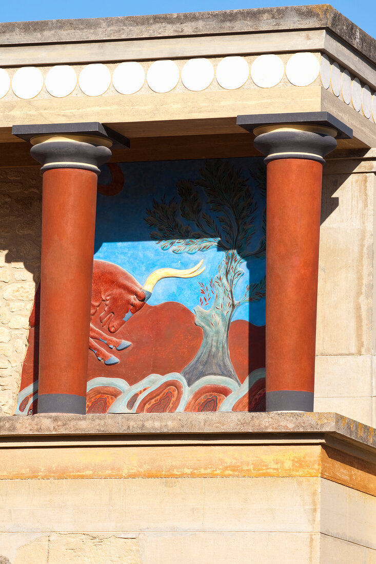 Knossos with bull mural in Iraklion, Crete, Greek