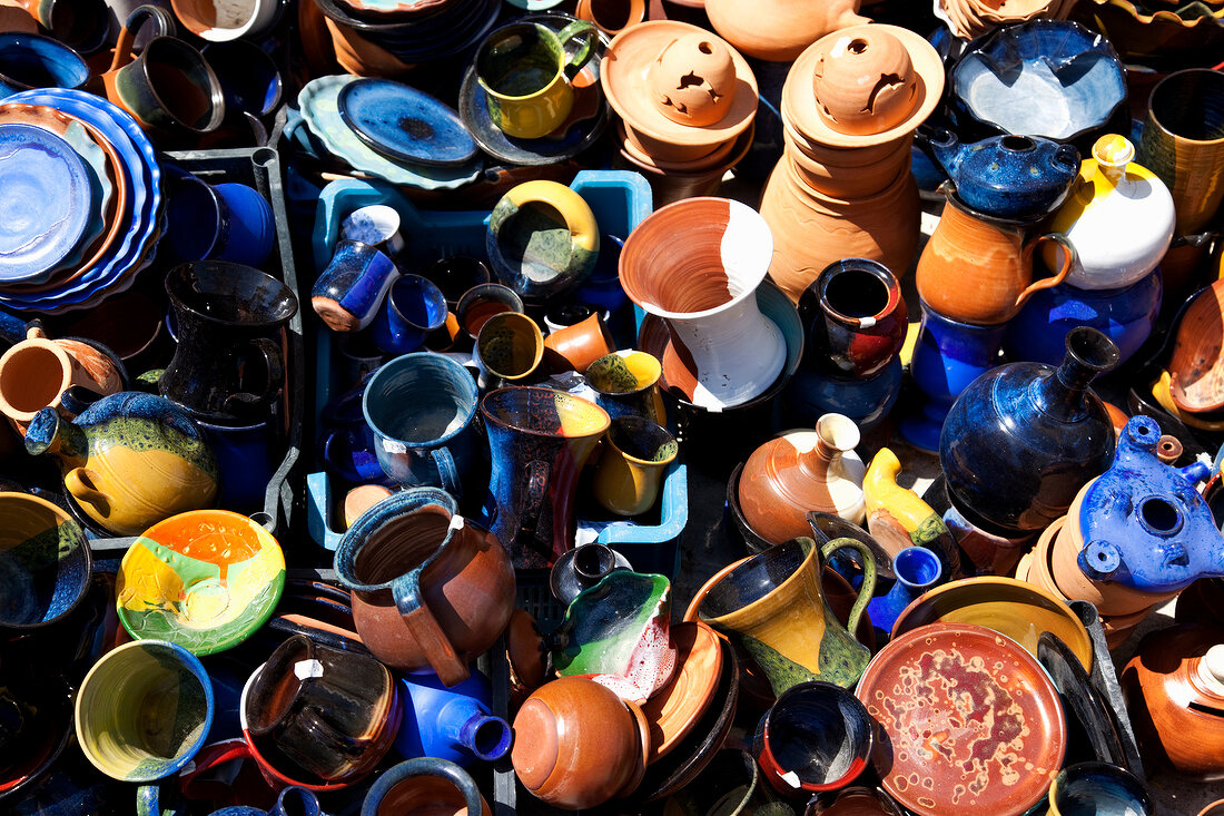 Colourful clay pots in Heraklion market in Crete, Greece