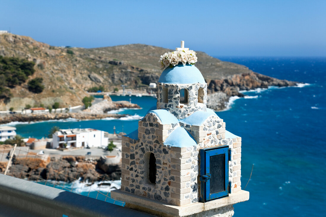 View of mini church and sea in Crete, Greece