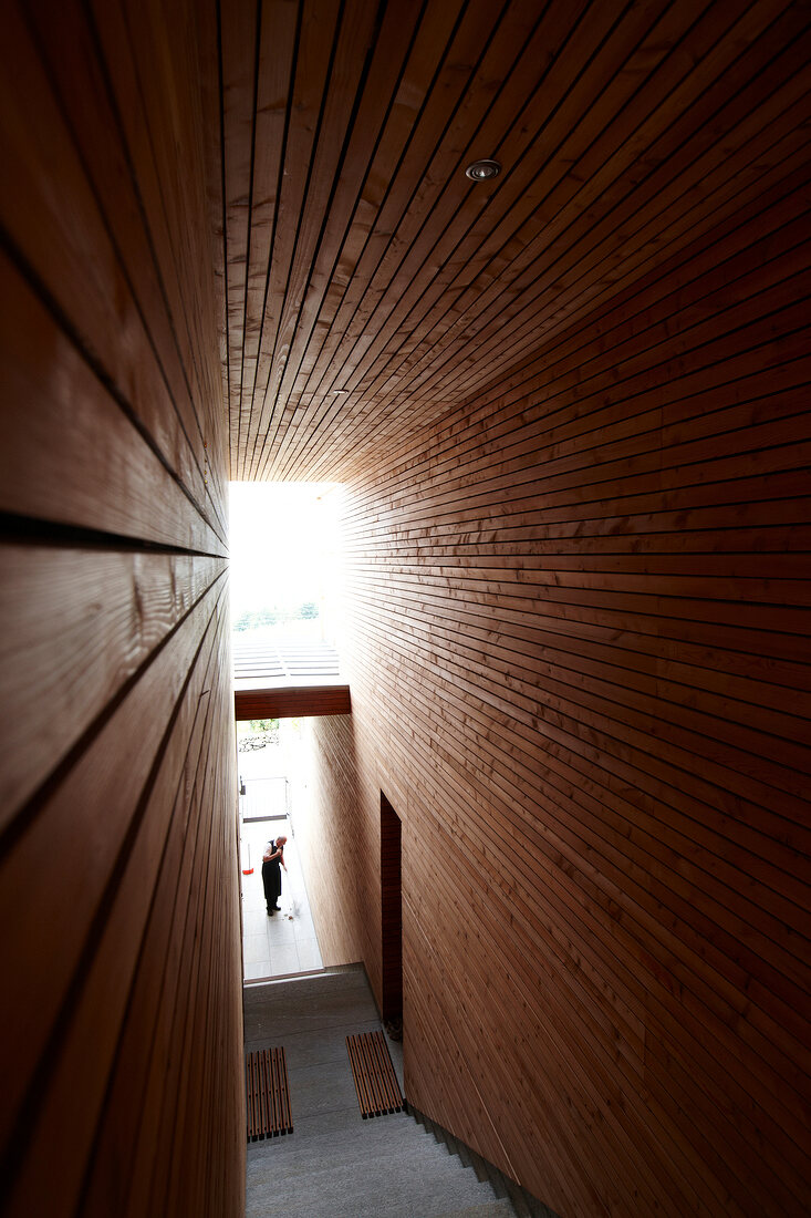 Staircase of Pergola residence with wooden walls in Merano, South Tyrol, Italy
