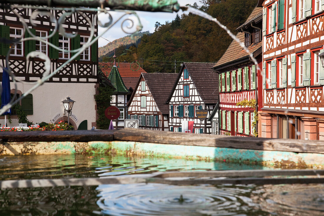 Schiltach half-timbered houses with marketplace and fountain in Black Forest, Germany
