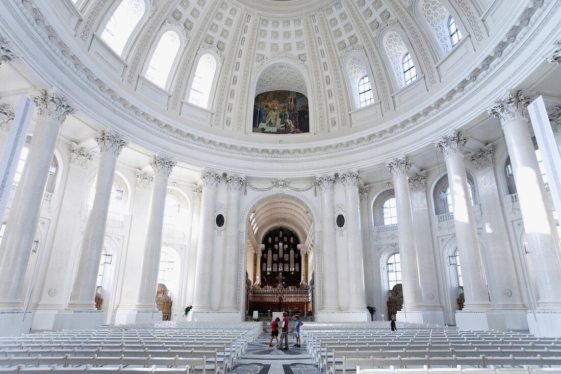Interior of Cathedral of St. Blaise with white columns and dome in Black Forest, Germany