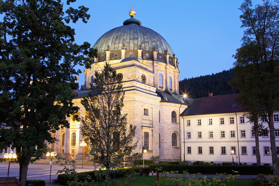 Cathedral of St. Blaise illuminated at night in Black Forest, Germany
