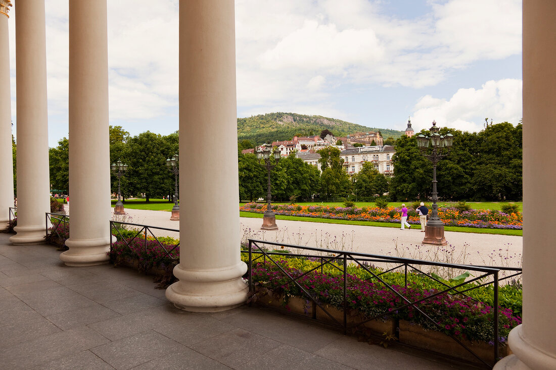 View of Baden-Baden Kurhaus from columns in Black Forest, Germany