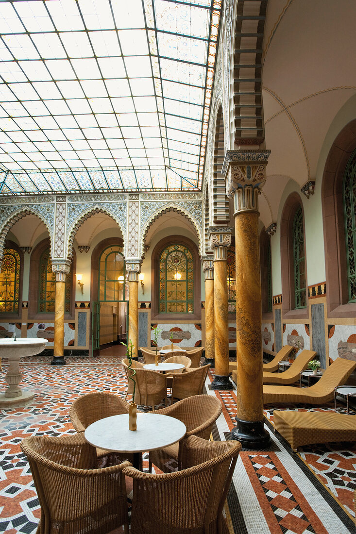 Interior of Thermal palace with tables and chairs in Bad Wildbad, Black Forest, Germany