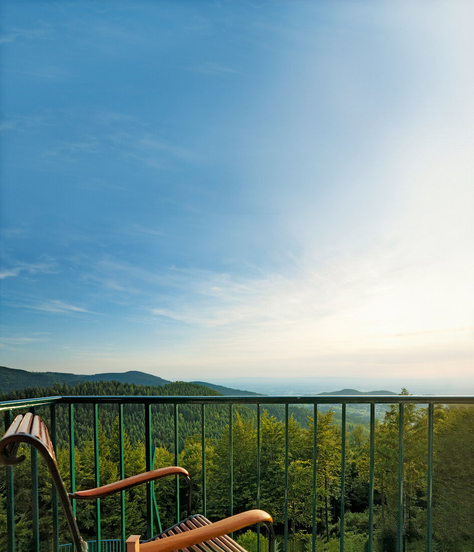View of hills of Black Forest from balcony, Germany
