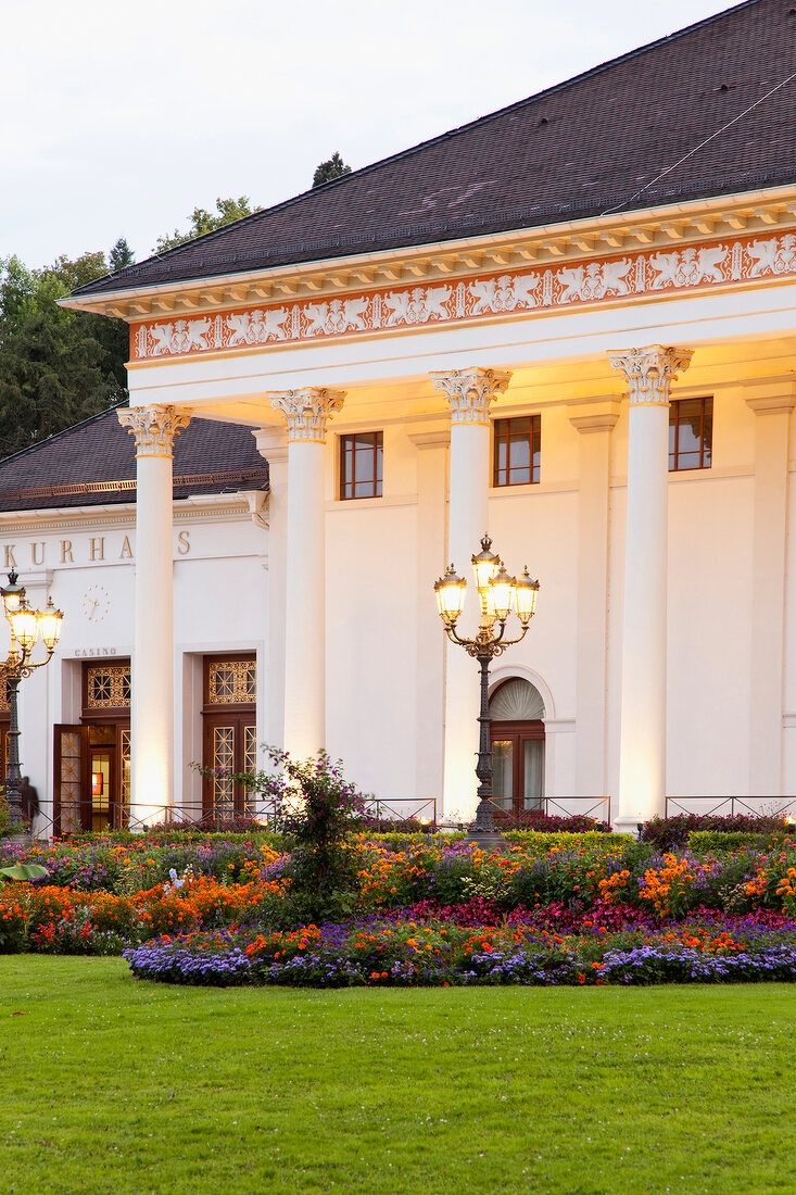 View of Kurhaus columns in white in Baden-Baden, Black Forest, Germany