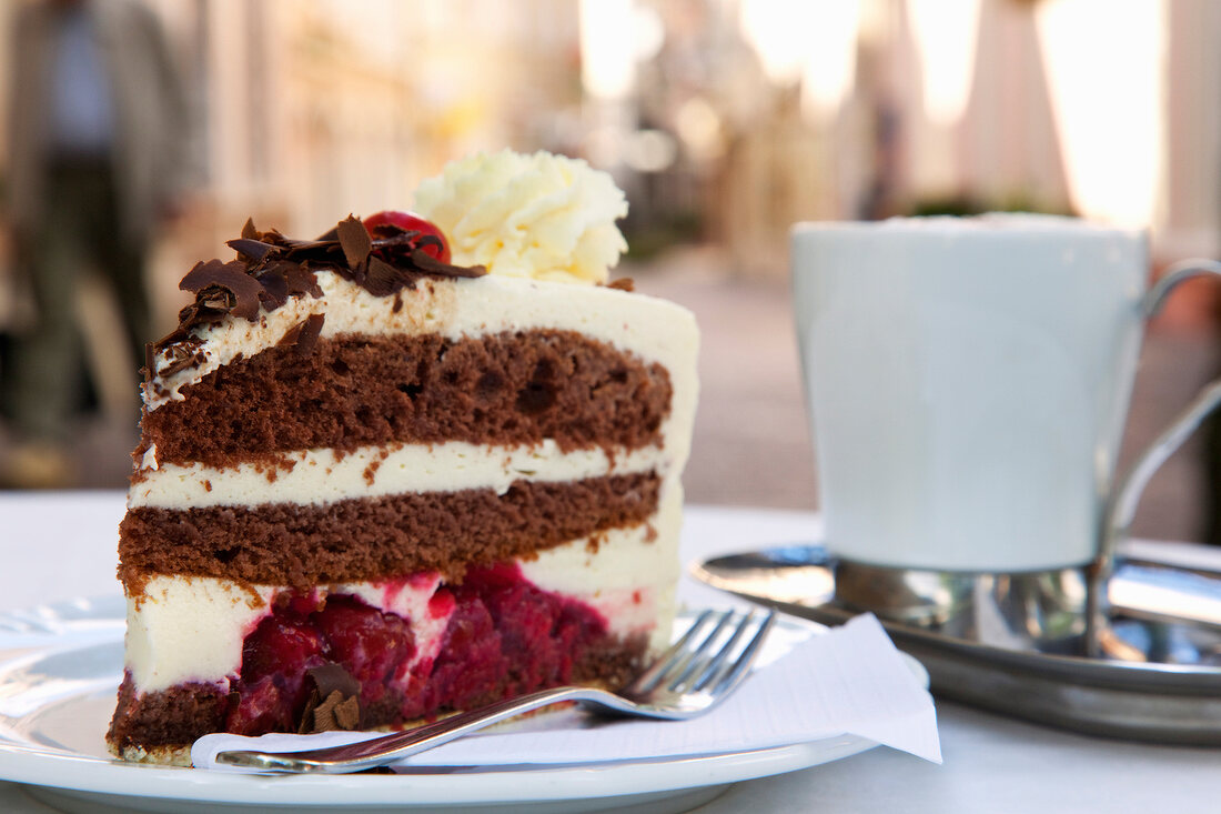 Piece of black forest cake on plate