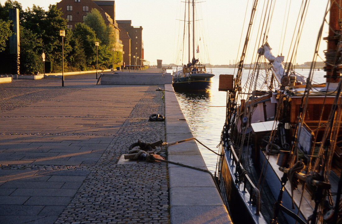 Boats moored on Larsens Plads, Copenhagen, Denmark