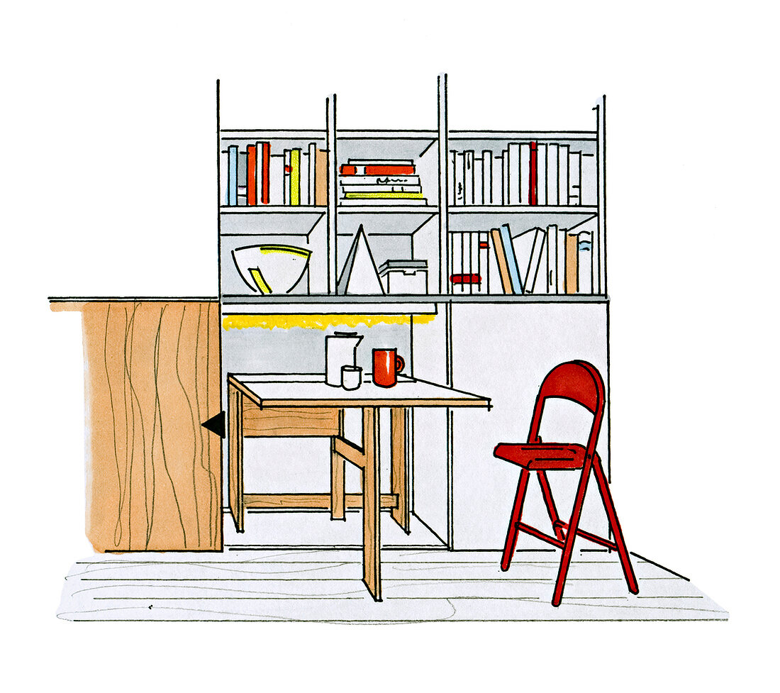Illustration: Wohnzimmer, Bücherregal, Klapptisch, Stuhl