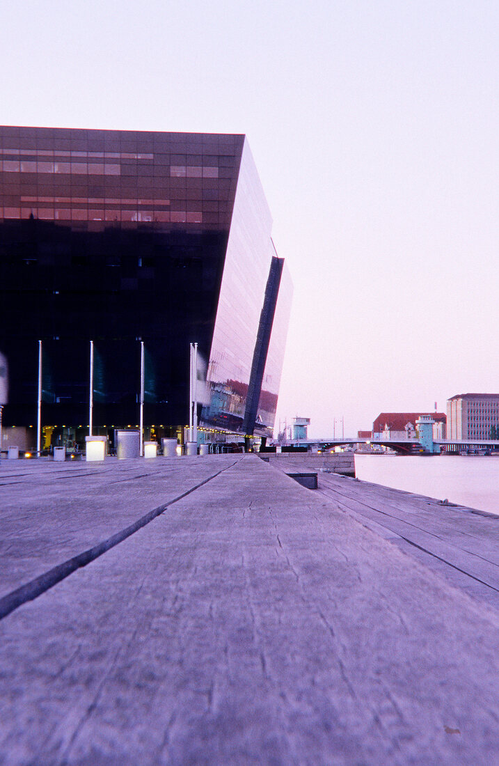 Soren Kierkegaards Plads and Black Diamond on Inderhavnen at dusk, Copenhagen, Denmark