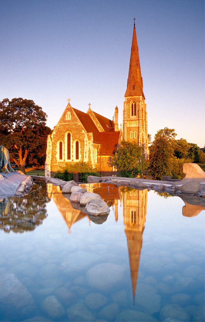 View of St Alban's church and Gefion Springvandet in Copenhagen, Denmark