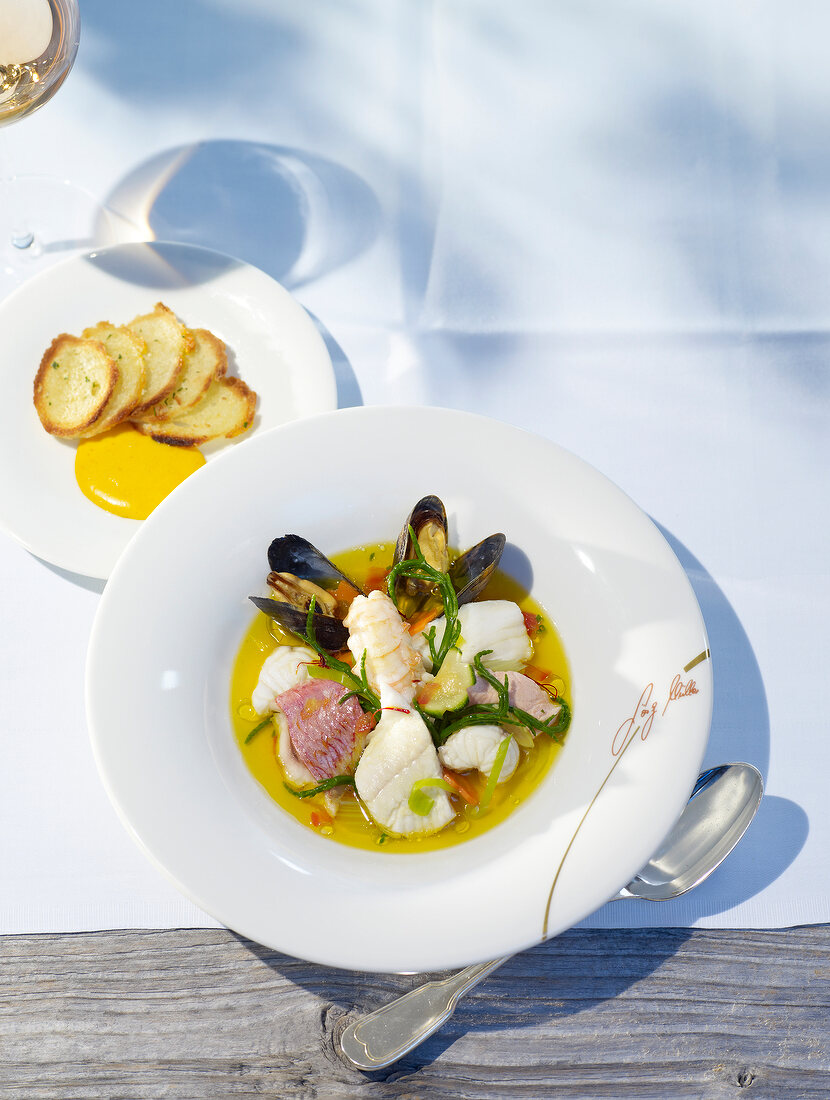 Close-up of bouillabaisse in plate
