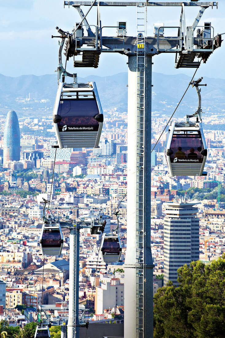 View of car cable and city of Barcelona, Spain