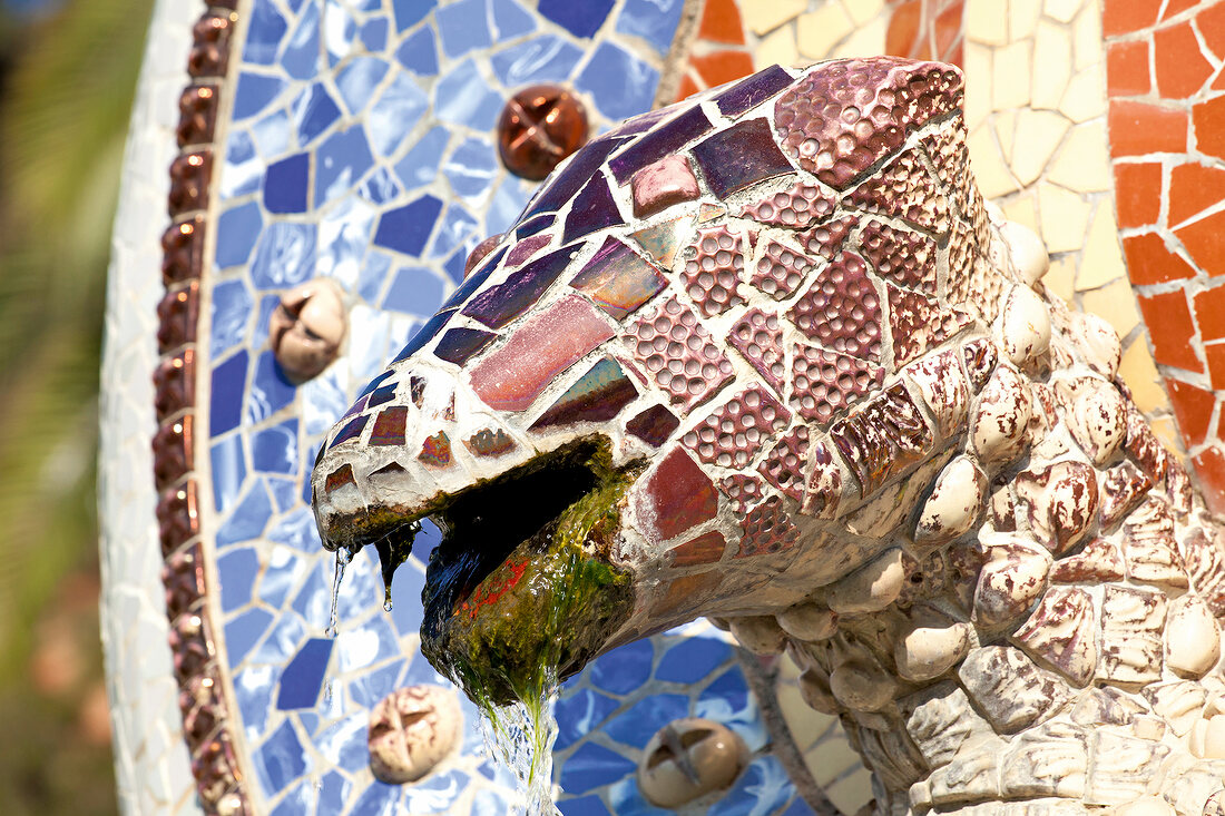 Mosaic statue of snake in Park Guell, Barcelona, Spain