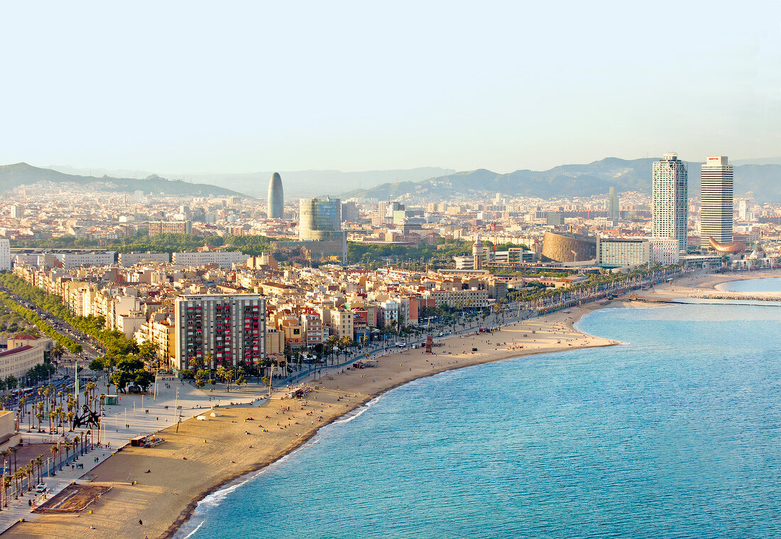 Aerial view of Barceloneta beach, Barcelona, Spain