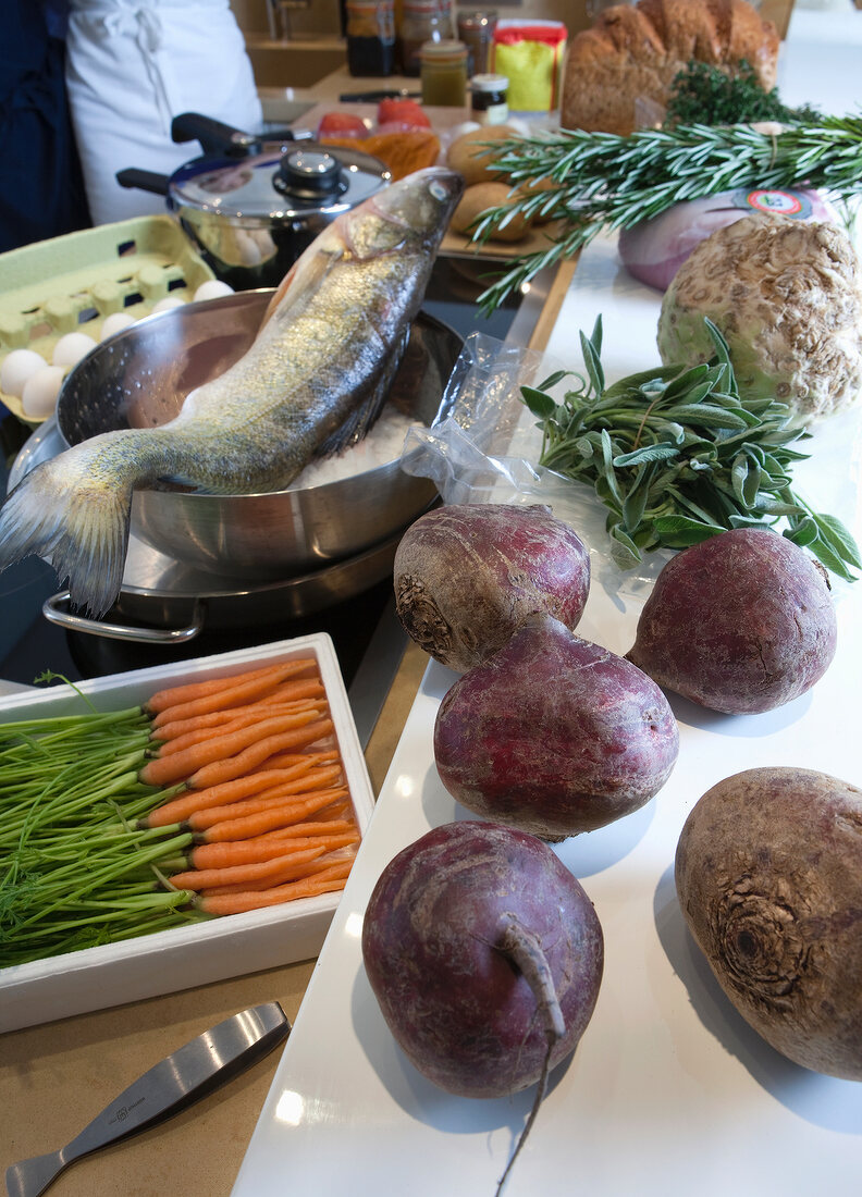 Beets, carrot, fish and other ingredients for fish court