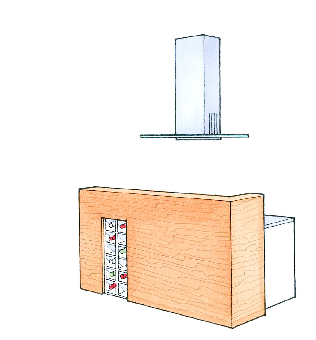 Küche, Raumgestaltung, offene Küche, Kücheninsel, Stauraum, Illustration