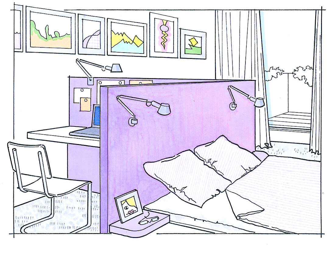Schlafzimmer, Gestaltung, Trennwand Bett, Arbeitsplatz, Illustration