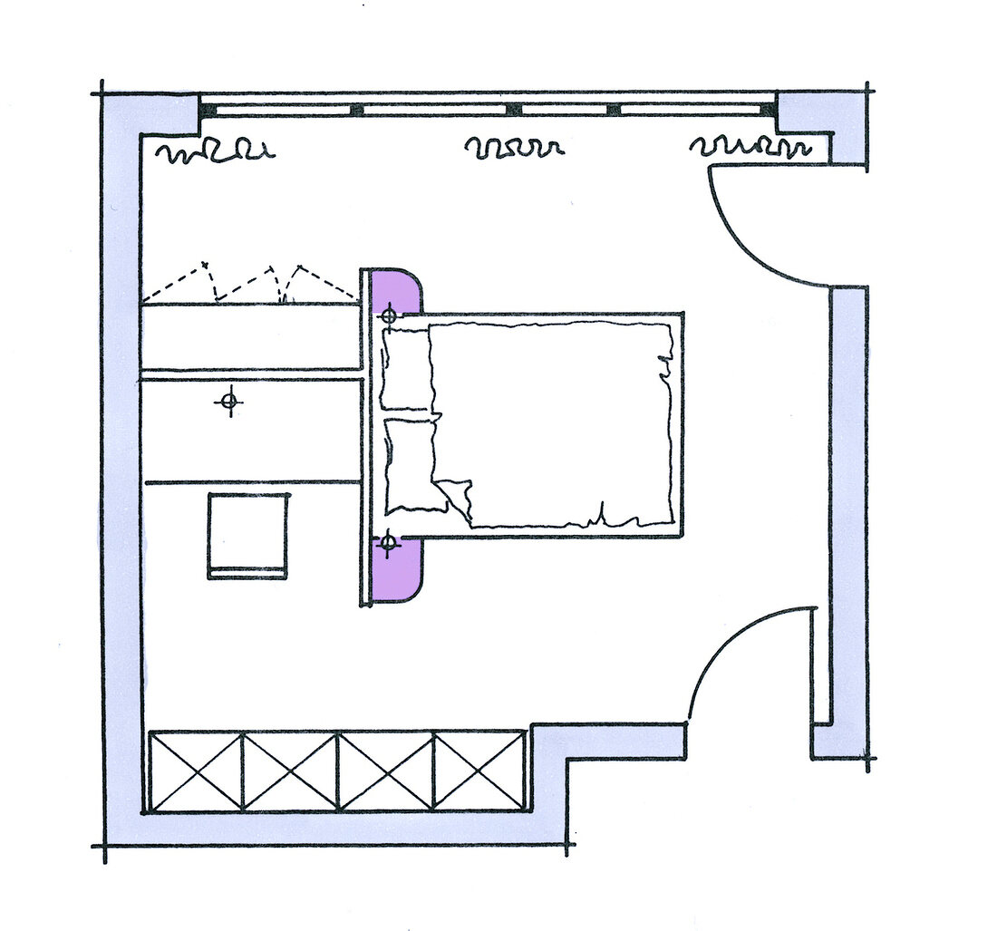 Schlafzimmer, Gestaltung, Bett und Arbeitsplatz, Grundriss Illustration