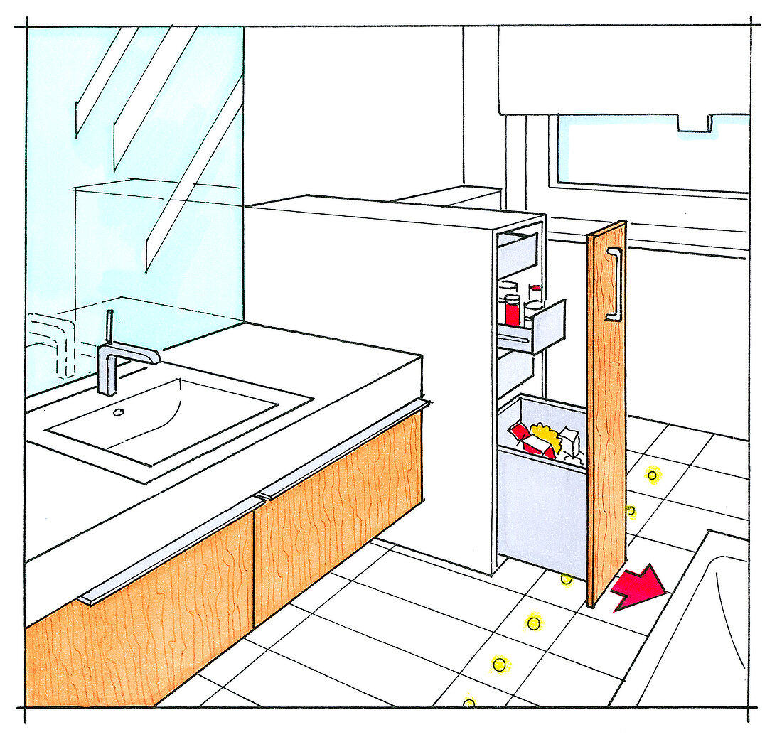Badezimmer, Raumgestaltung, Stauraum durch Apothekerauszüge, Illustration