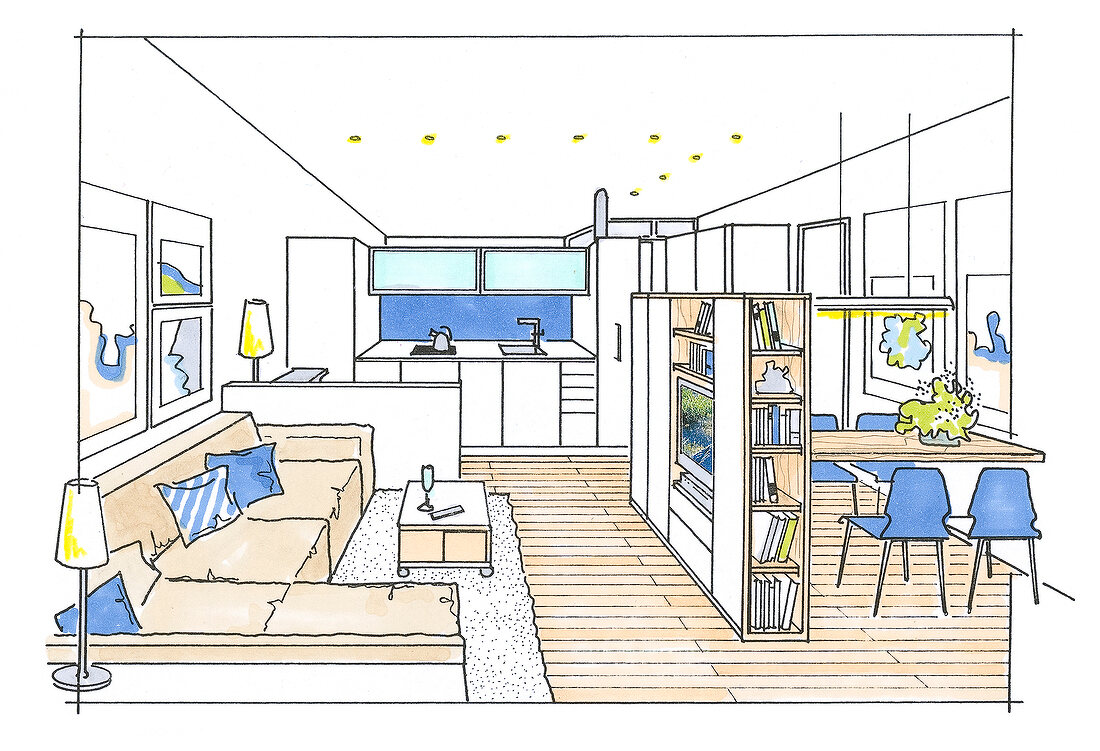 Einraumwohnung, Raumgestaltung: Ferienwohnung, Illustration