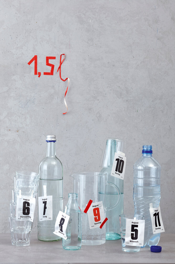 Ernährungs-Check: Wasserflaschen, Gläser, Kalenderblätter