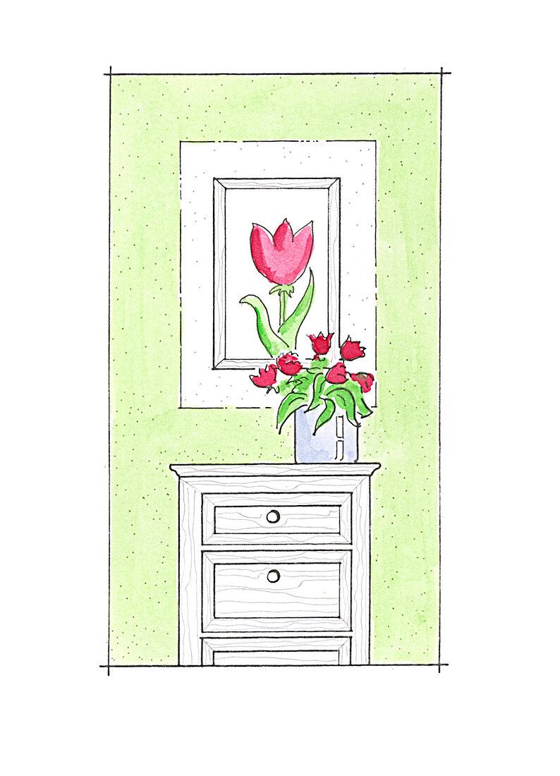 Illustration: Kommode, Tulpenbild, Vase mit roten Tulpen, Grüne Wand