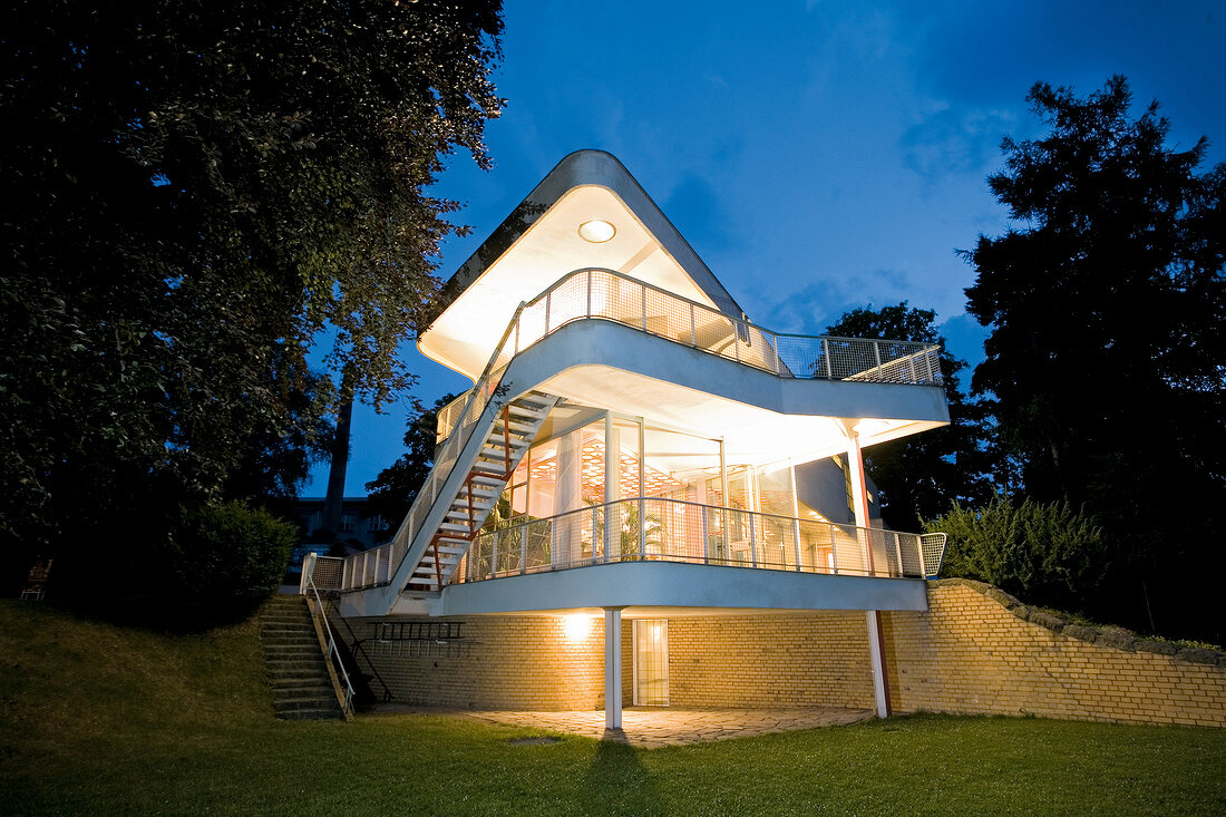 Facade of illuminated Haus Schminke in Lobau, Saxony, Germany