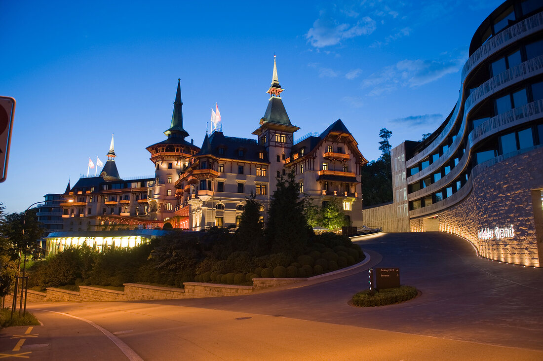 View Hotel Dolder Grand at dusk, Switzerland