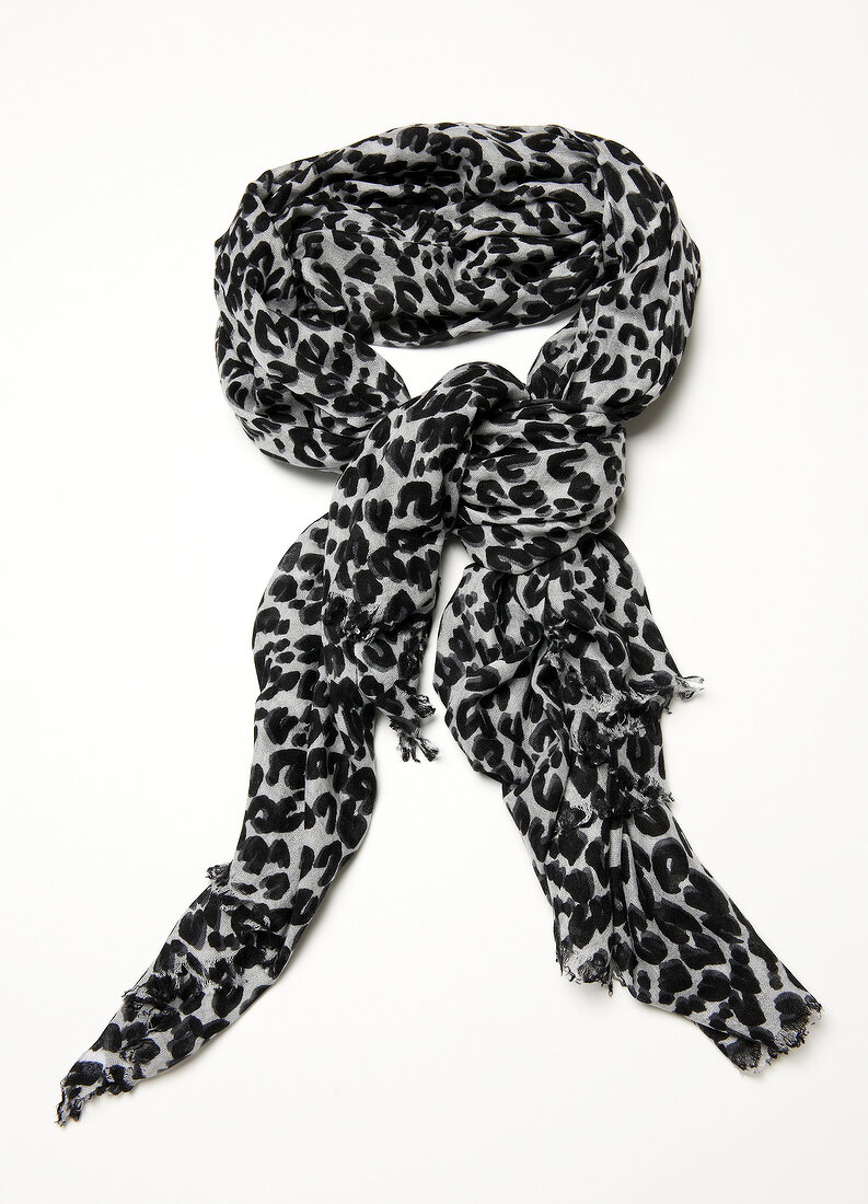Black scarf with gray leo print on white background