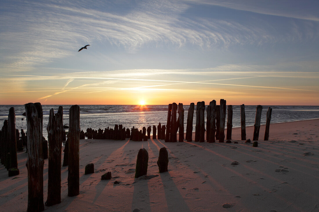 View of Old Groyne at sunset on Sylt Island, Schleswig-Holstein, Germany
