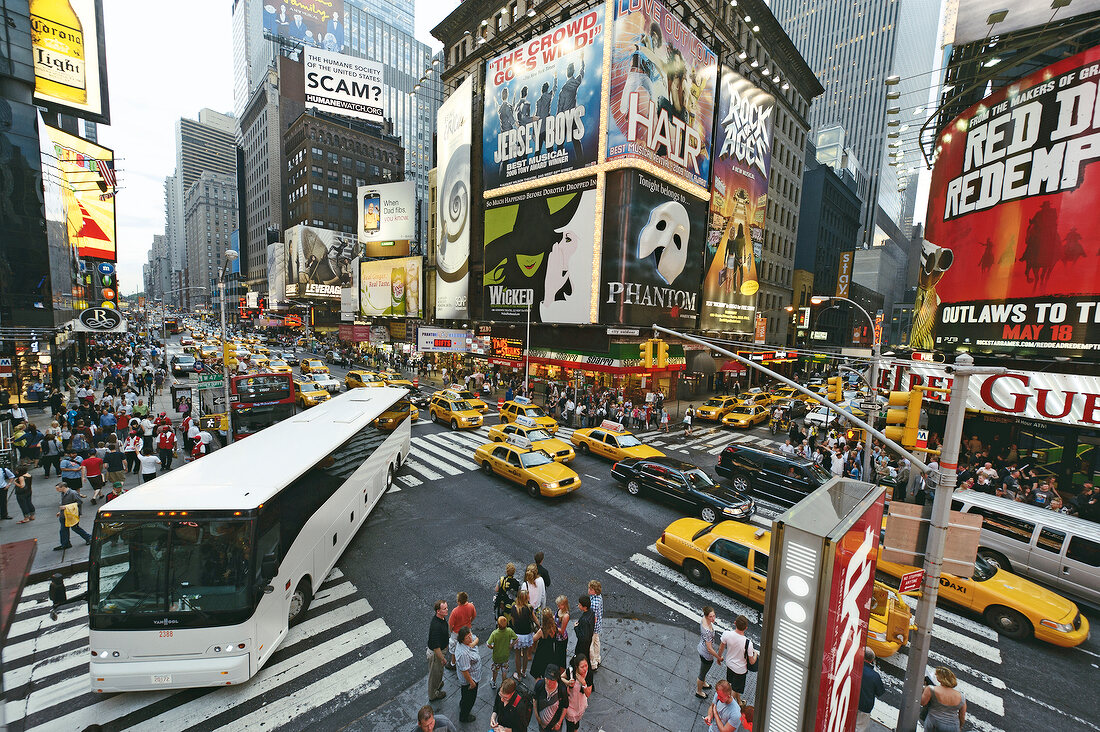 View of people and traffic at Times Square, New York, USA