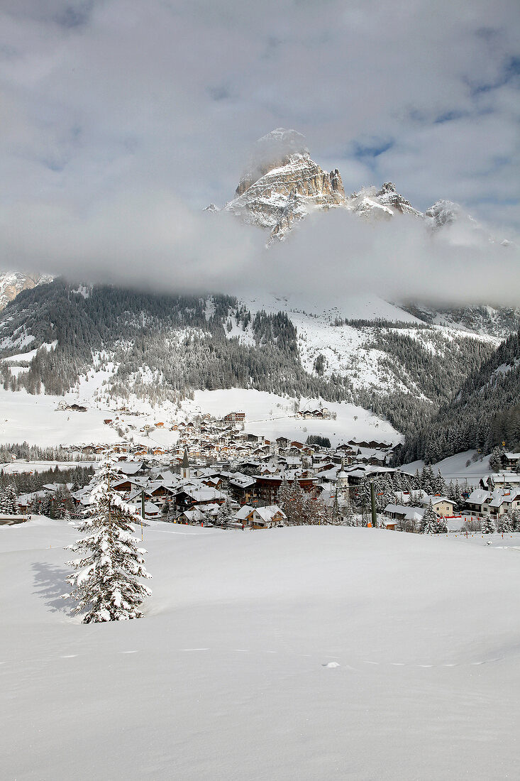 View of winter mountain at Dolomites, Corvara, South Tyrol, Italy